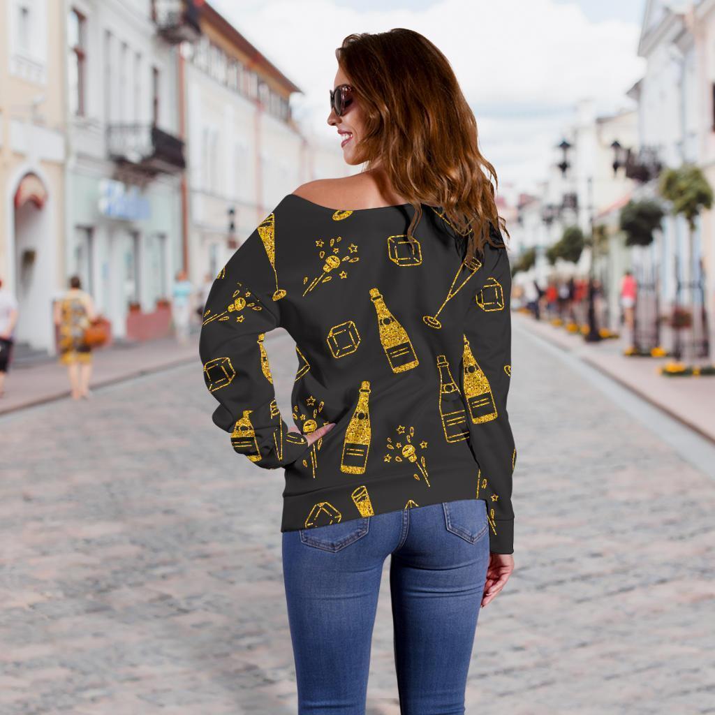 Champagne Gold Glitter Pattern Print Women Off Shoulder Sweatshirt-grizzshop