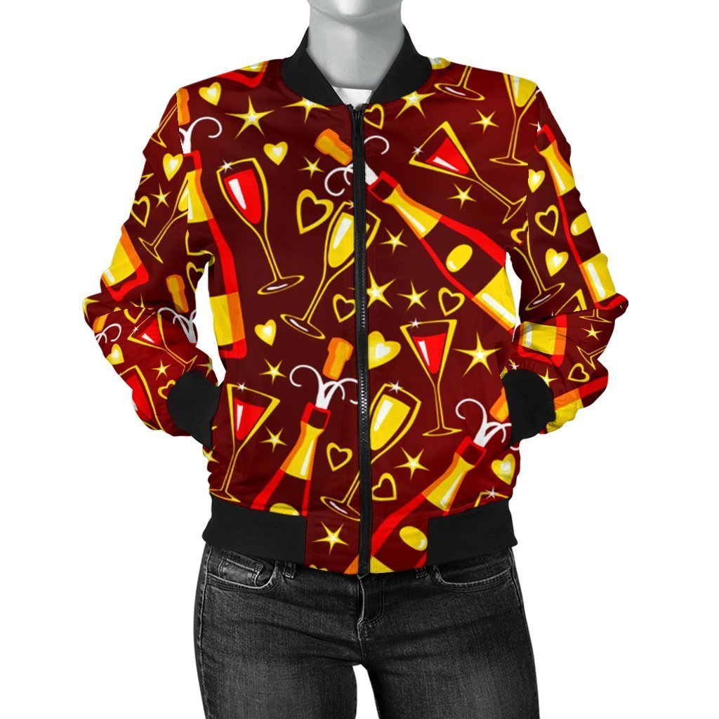 Champagne Pattern Print Women Casual Bomber Jacket-grizzshop