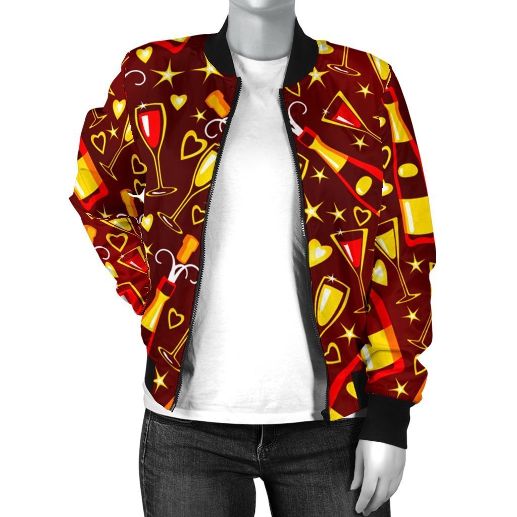 Champagne Pattern Print Women Casual Bomber Jacket-grizzshop