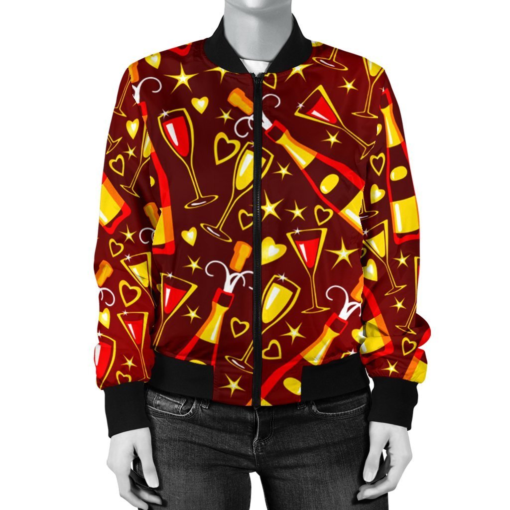 Champagne Pattern Print Women Casual Bomber Jacket-grizzshop