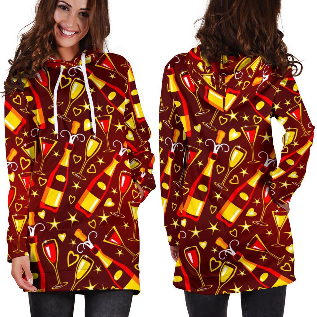 Champagne Pattern Print Women Hoodie Dress-grizzshop