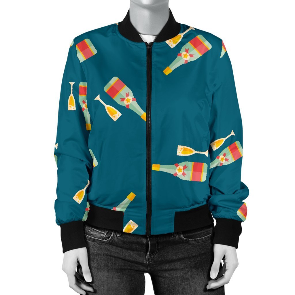 Champagne Print Pattern Women Casual Bomber Jacket-grizzshop