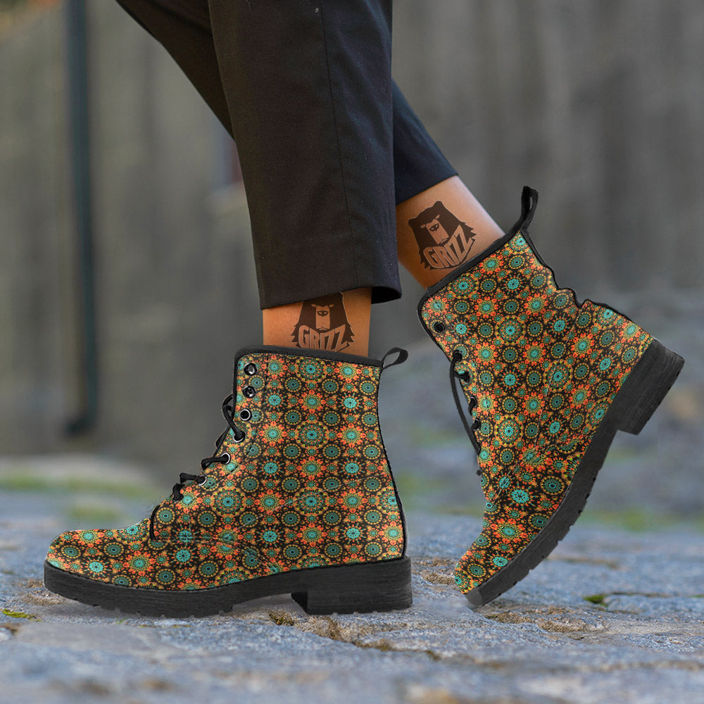 Chaotic Boho Print Pattern Leather Boots-grizzshop