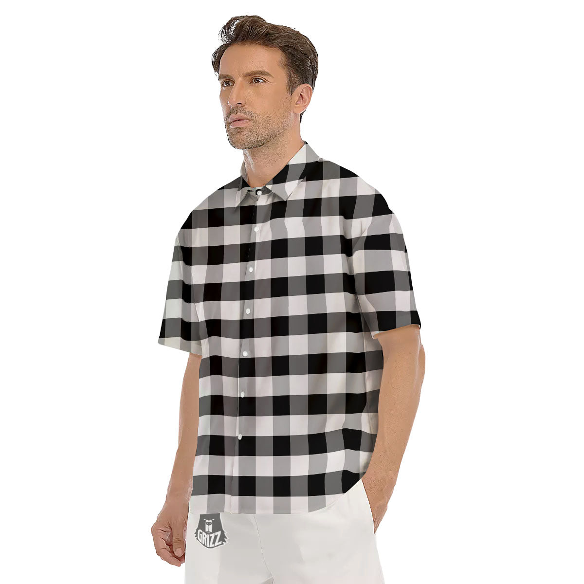 Check Black And Grey Print Pattern Men's Short Sleeve Shirts-grizzshop