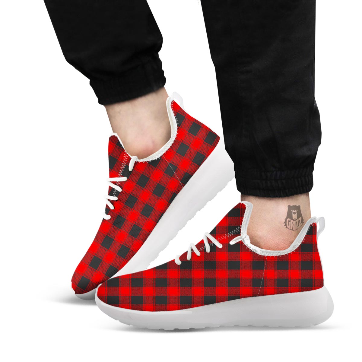 Check Black And Red Print Pattern White Athletic Shoes-grizzshop