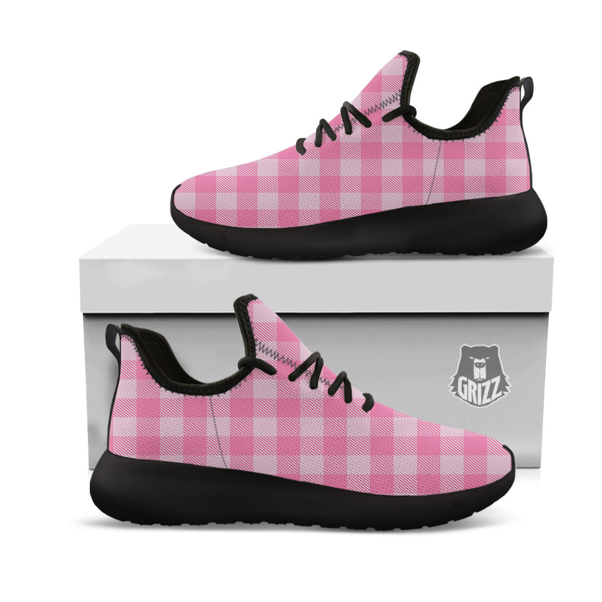 Check Pink Print Pattern Black Athletic Shoes-grizzshop