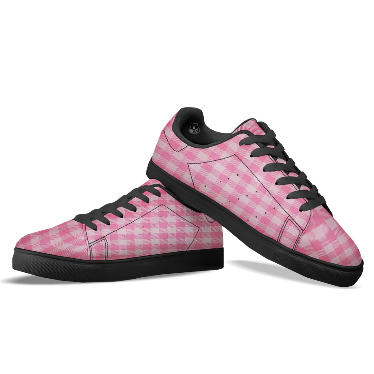 Check Pink Print Pattern Black Low Top Sneakers-grizzshop