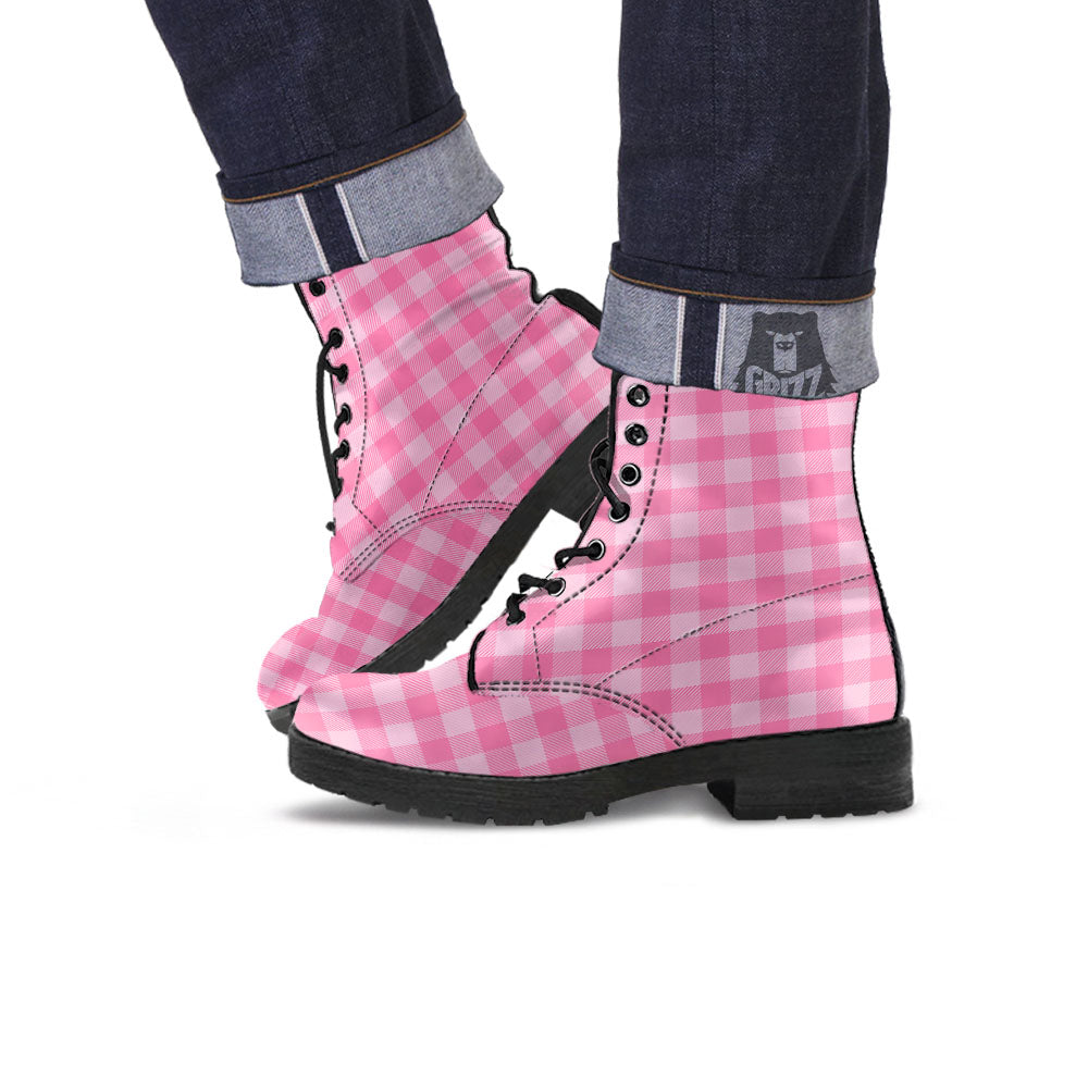 Check Pink Print Pattern Leather Boots-grizzshop