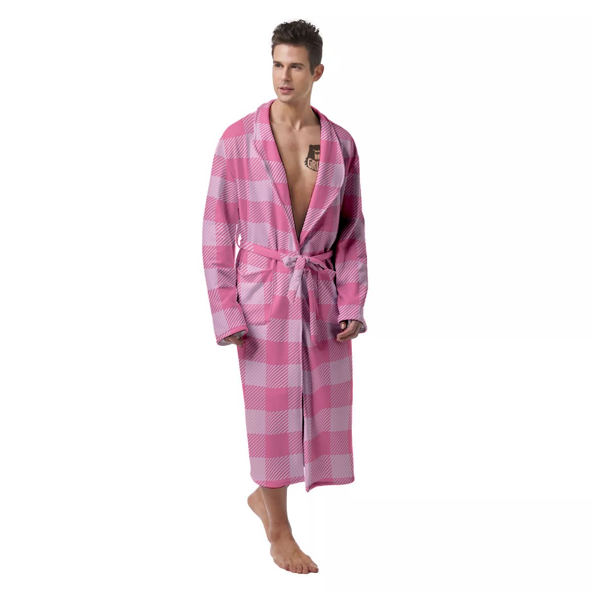 Check Pink Print Pattern Men's Robe-grizzshop
