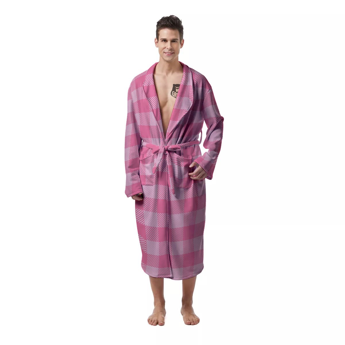 Check Pink Print Pattern Men's Robe-grizzshop