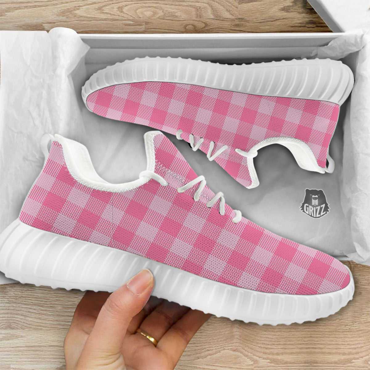 Check Pink Print Pattern White Walking Shoes-grizzshop