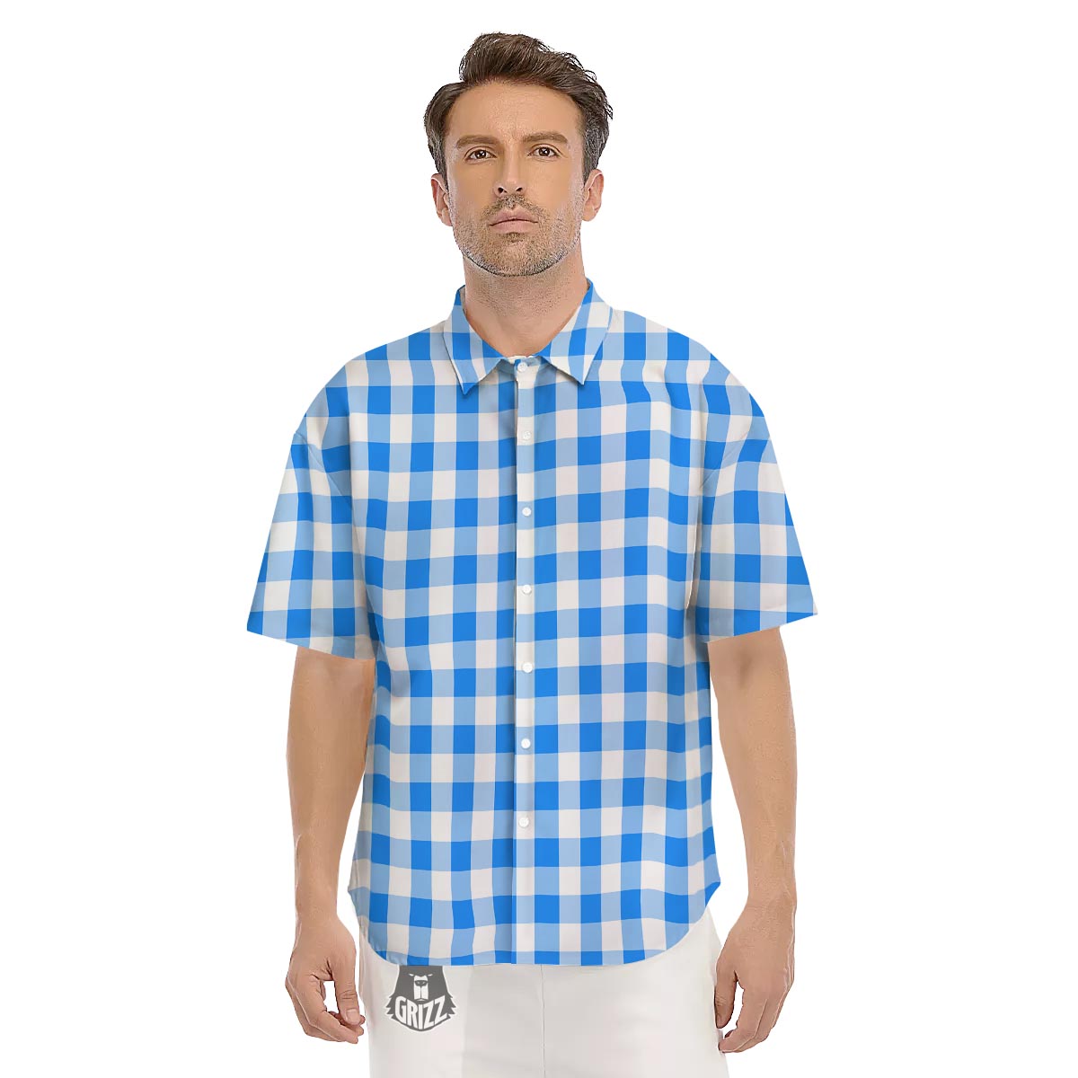 Check Sapphire Blue Print Pattern Men's Short Sleeve Shirts-grizzshop