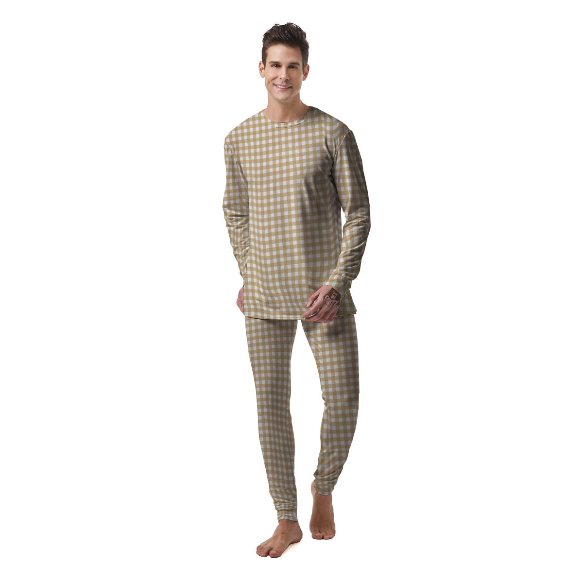 Check White And Beige Print Pattern Men's Pajamas-grizzshop