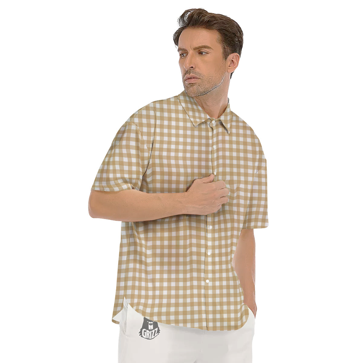 Check White And Beige Print Pattern Men's Short Sleeve Shirts-grizzshop