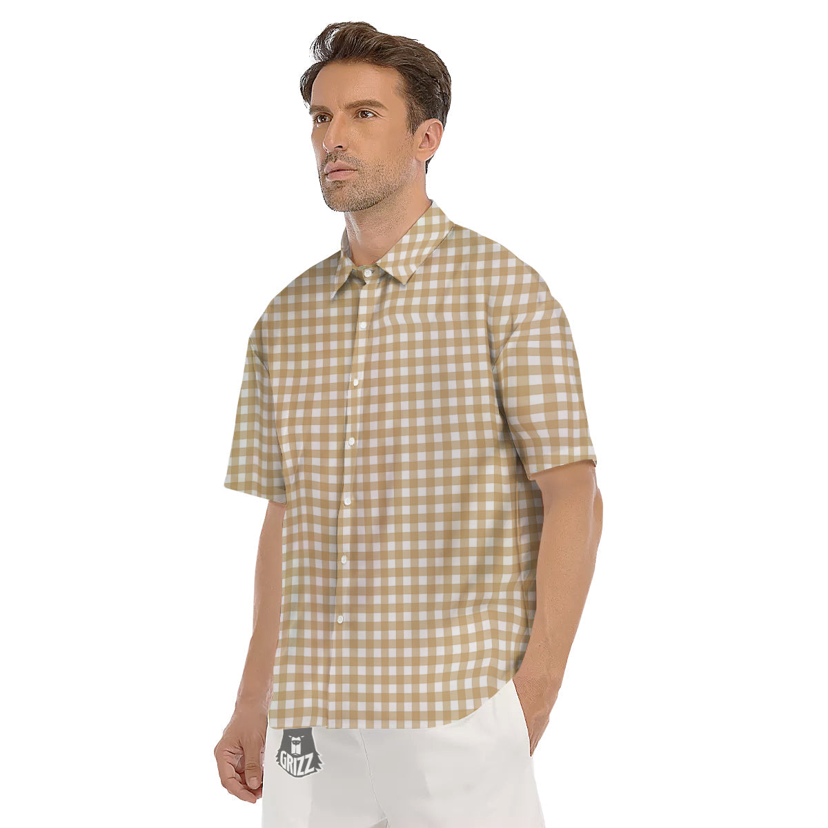 Check White And Beige Print Pattern Men's Short Sleeve Shirts-grizzshop