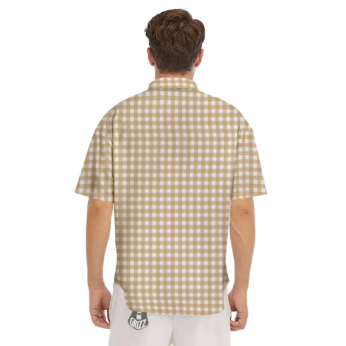 Check White And Beige Print Pattern Men's Short Sleeve Shirts-grizzshop