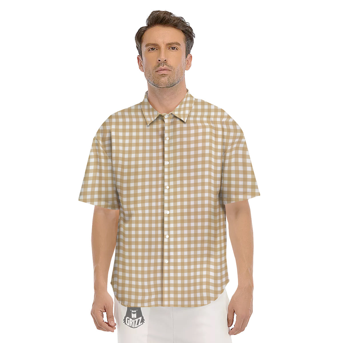 Check White And Beige Print Pattern Men's Short Sleeve Shirts-grizzshop