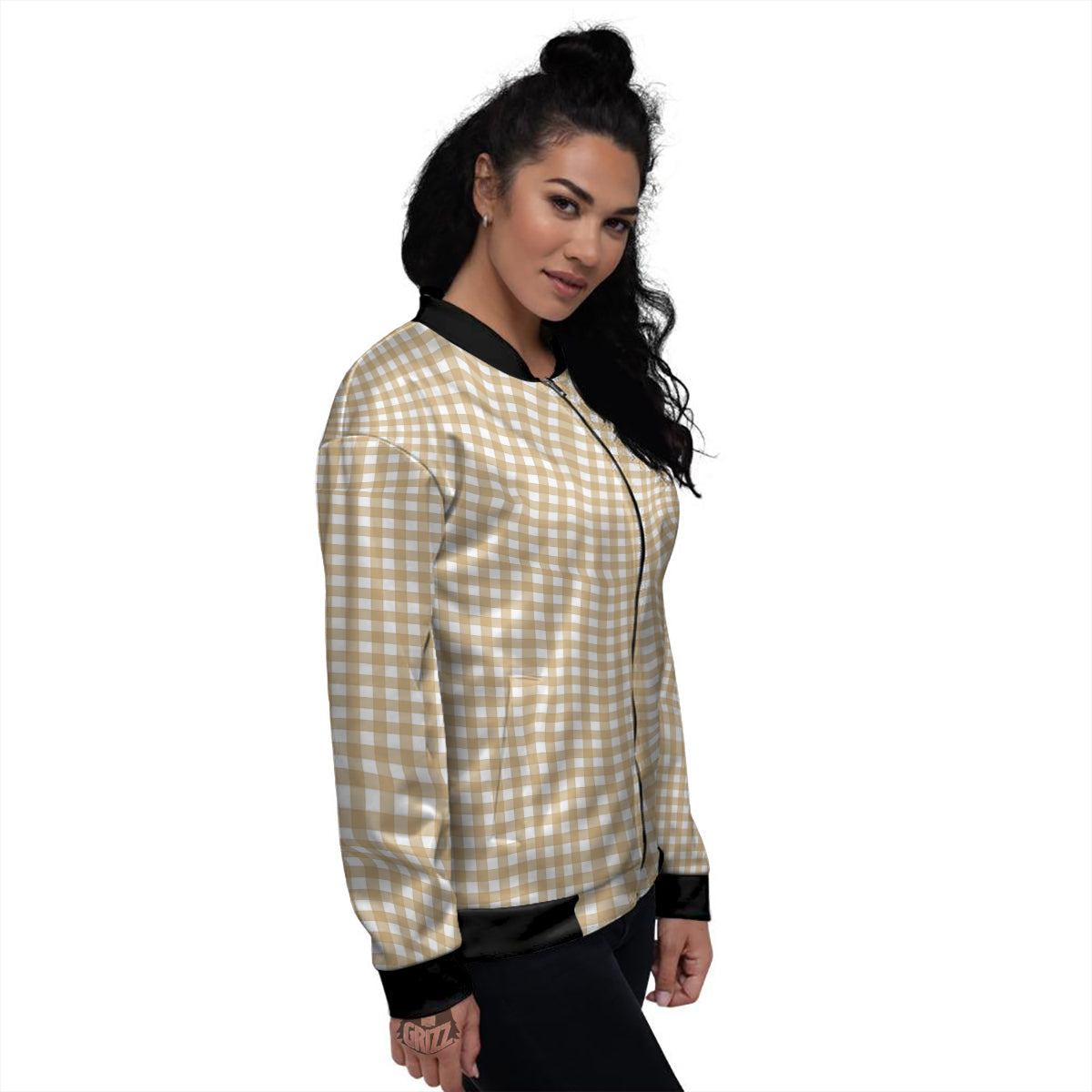 Check White And Beige Print Pattern Women's Bomber Jacket-grizzshop