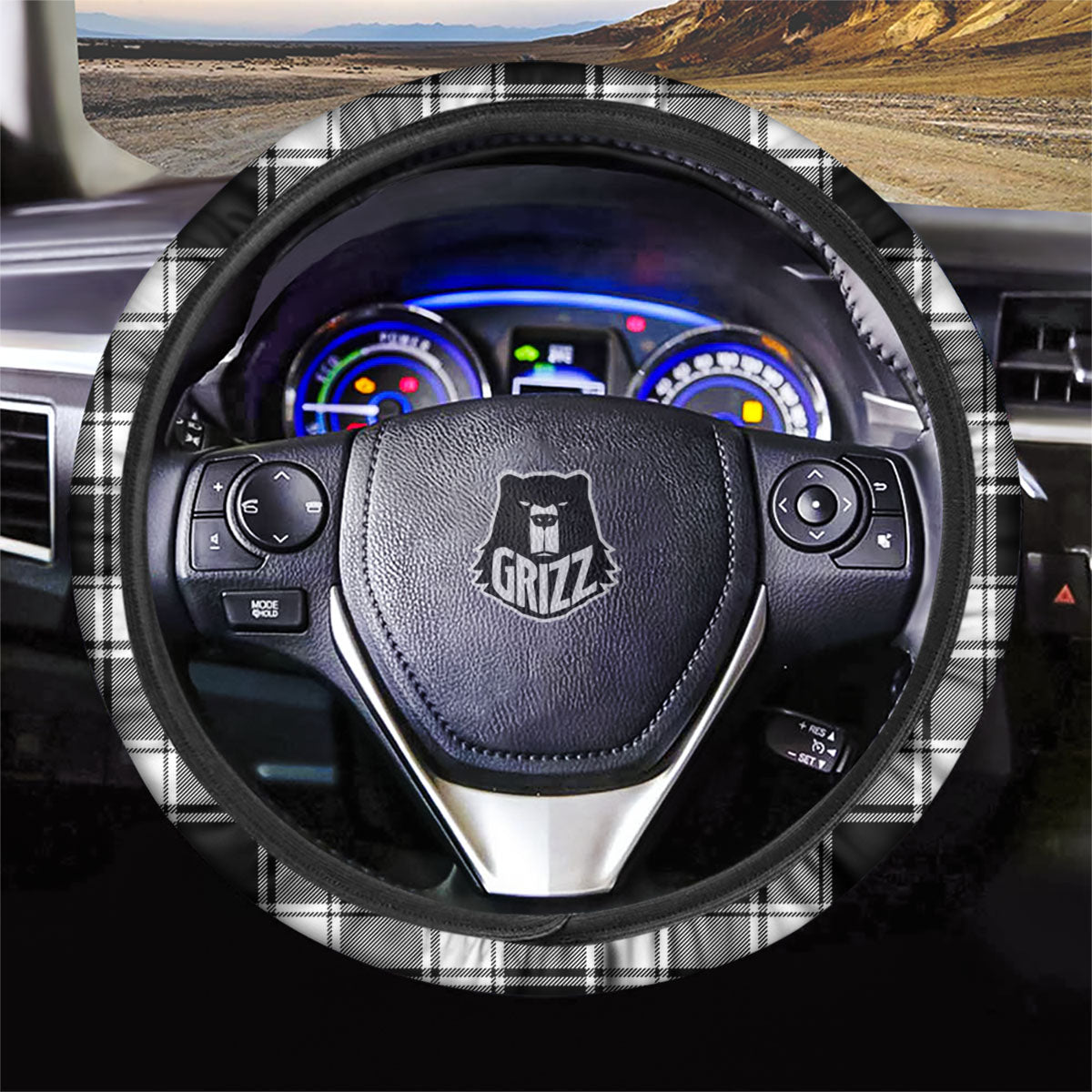 Check White And Black Print Pattern Car Steering Wheel Cover-grizzshop