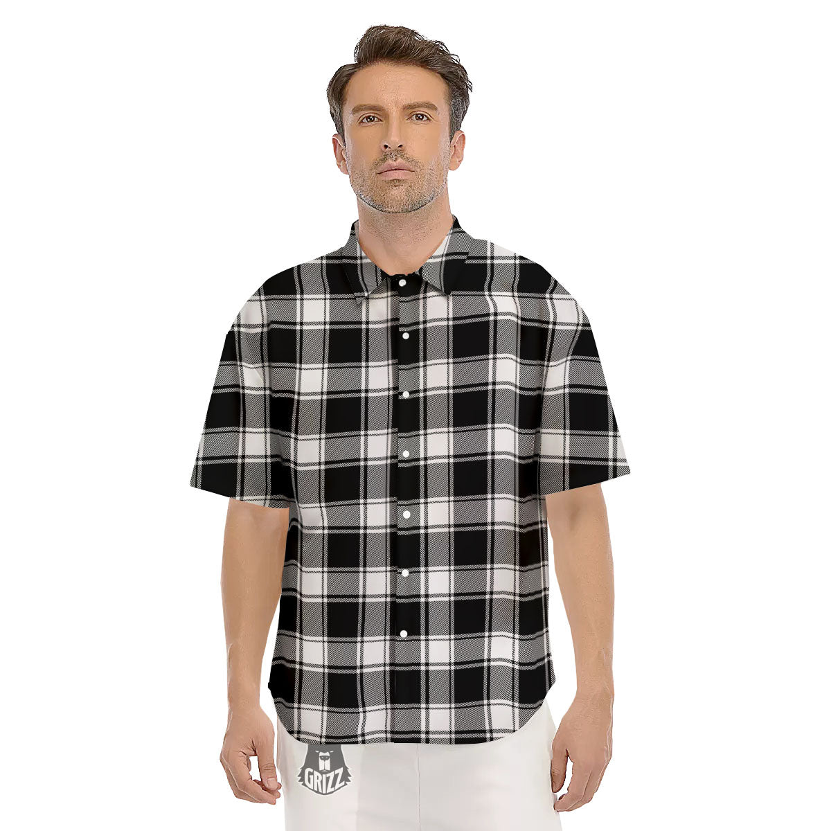 Check White And Black Print Pattern Men's Short Sleeve Shirts-grizzshop