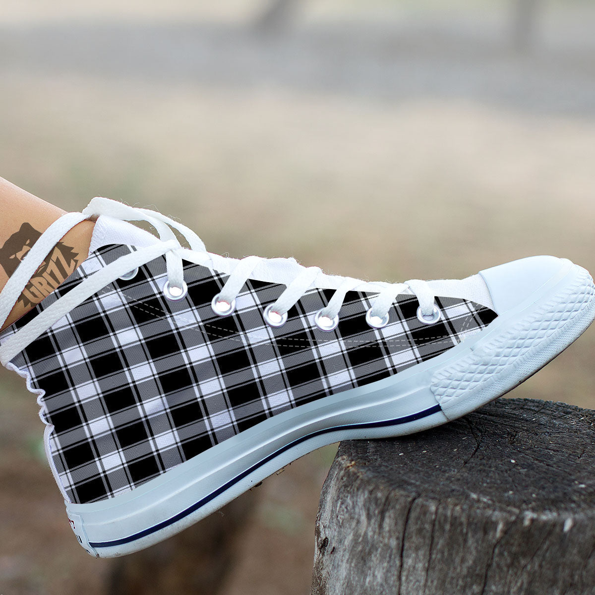 Check White And Black Print Pattern White High Top Shoes-grizzshop