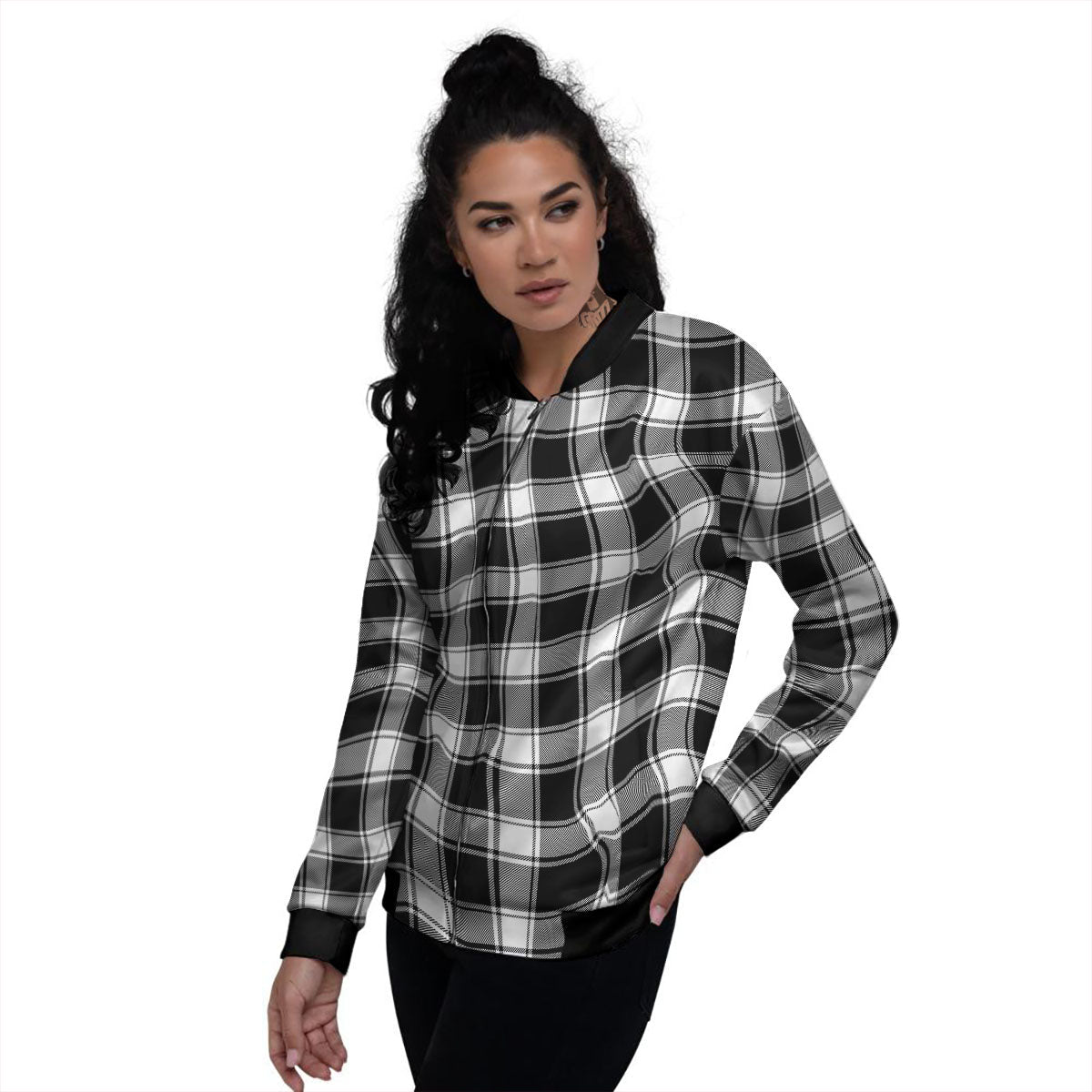 Check White And Black Print Pattern Women's Bomber Jacket-grizzshop