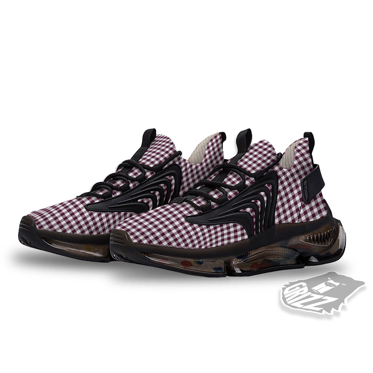 Check White And Burgundy Print Pattern Black Gym Shoes-grizzshop