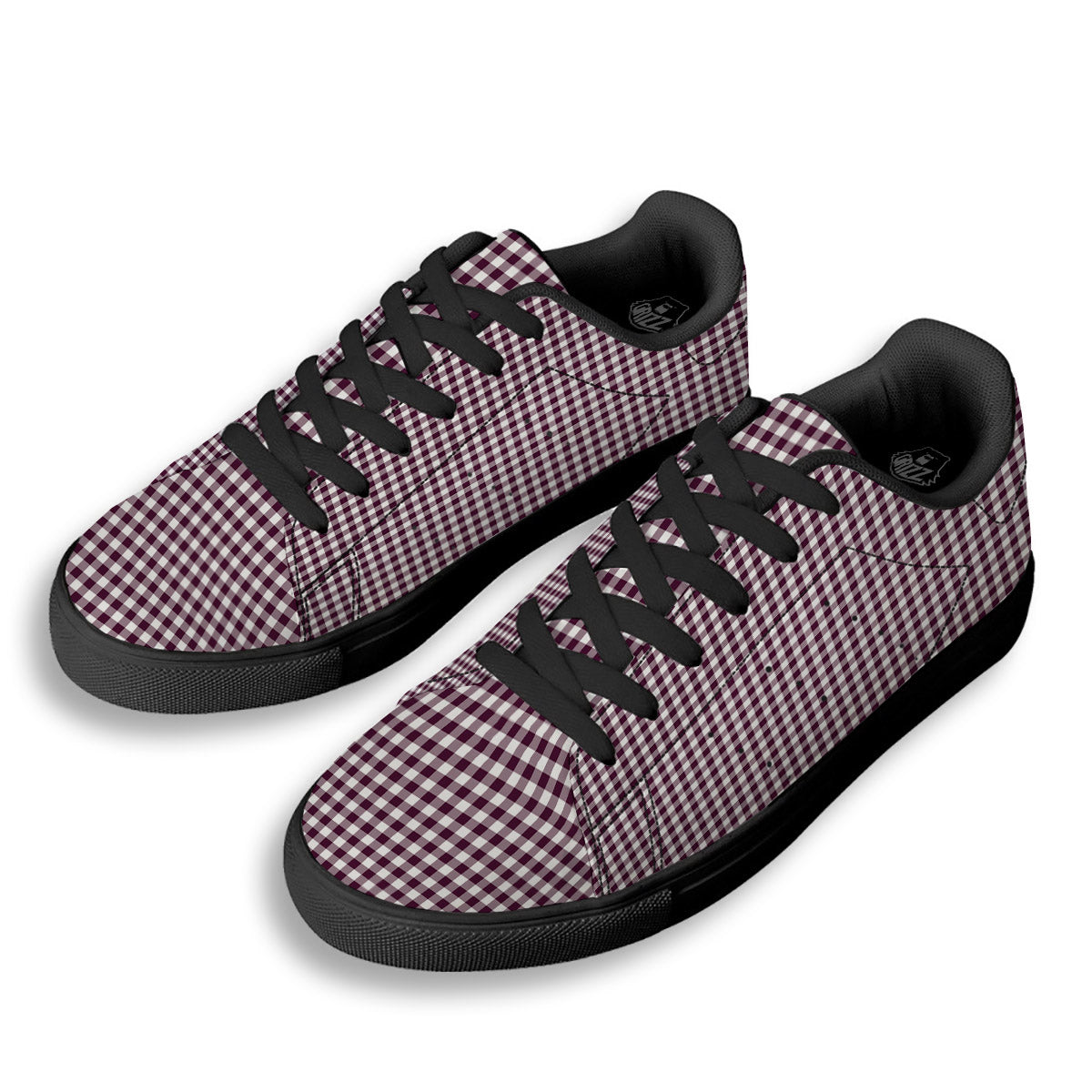Check White And Burgundy Print Pattern Black Low Top Sneakers-grizzshop