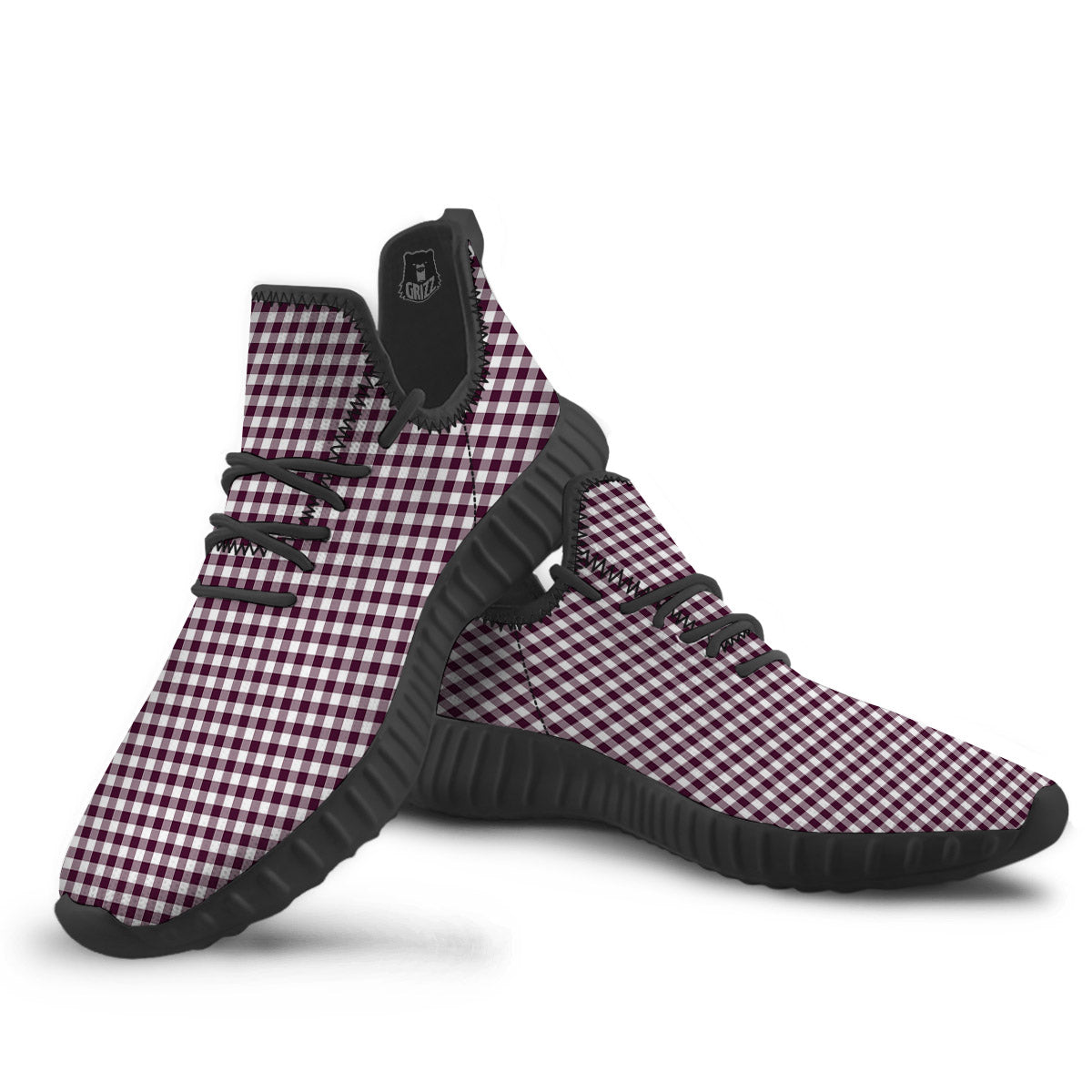 Check White And Burgundy Print Pattern Black Walking Shoes-grizzshop