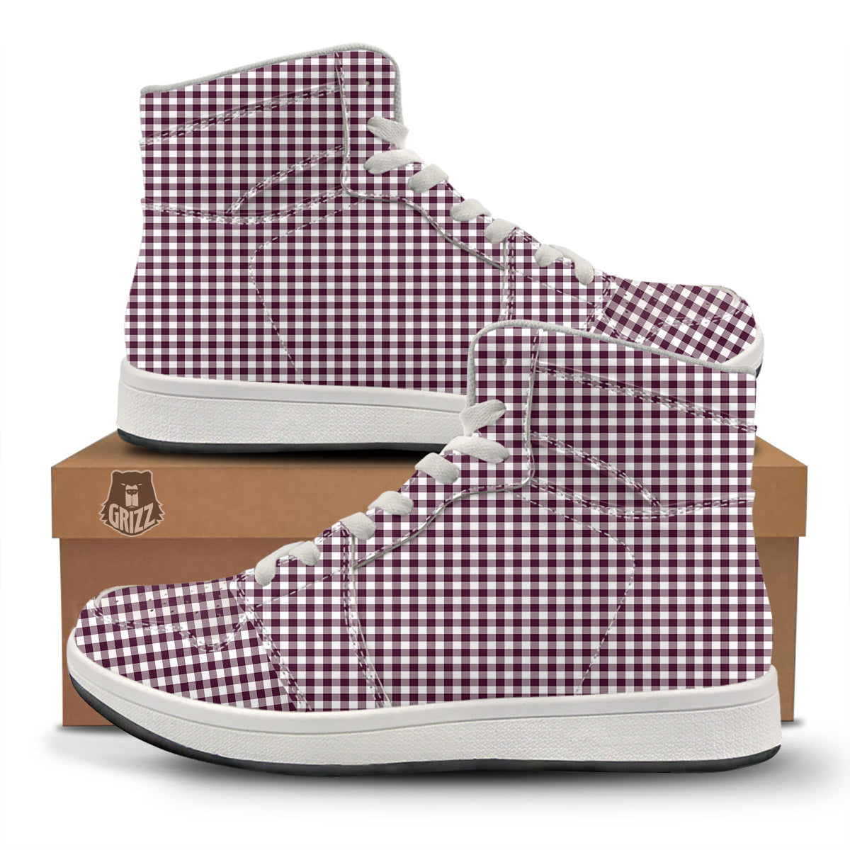 Check White And Burgundy Print Pattern High Top Sneakers-grizzshop