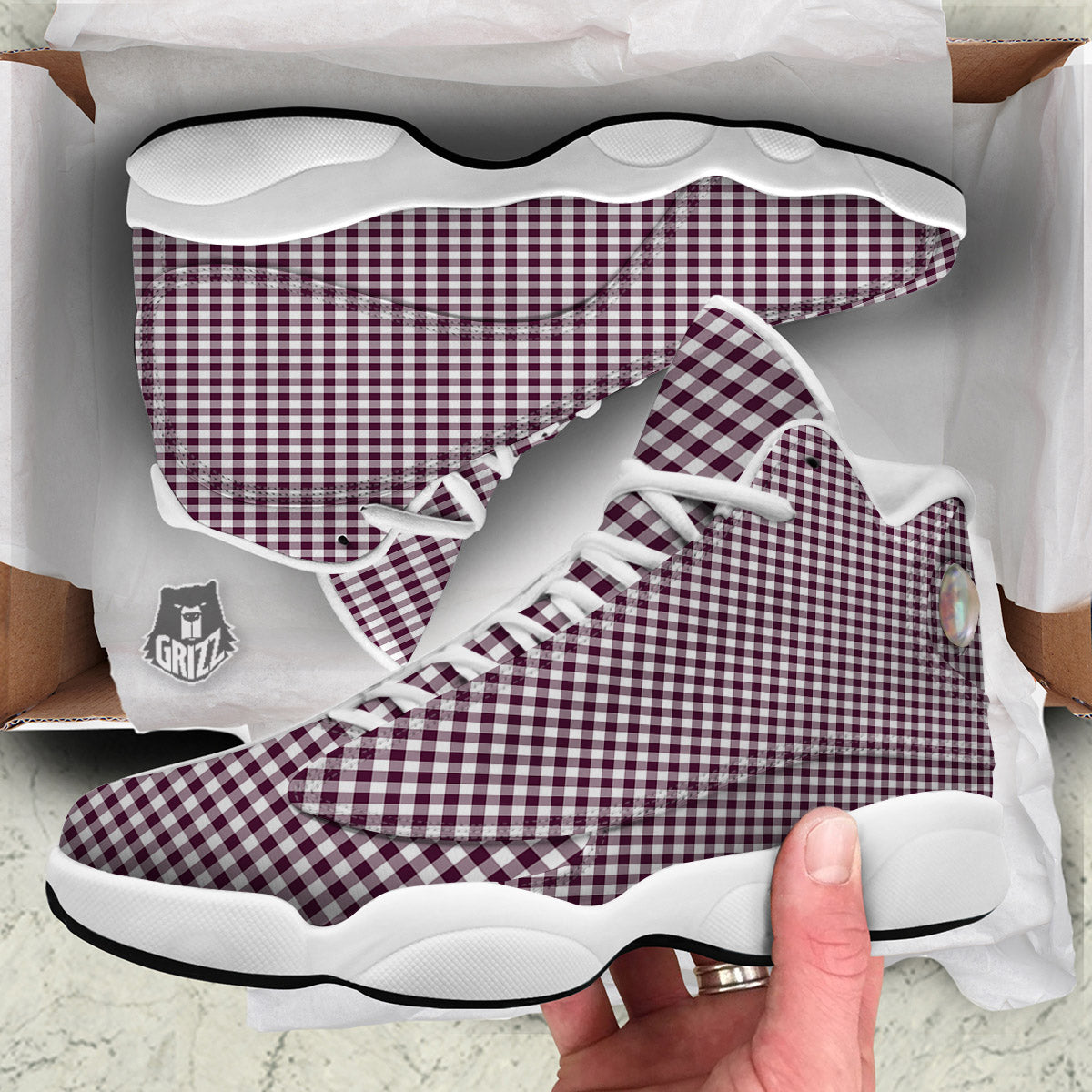 Check White And Burgundy Print Pattern White Basketball Shoes-grizzshop