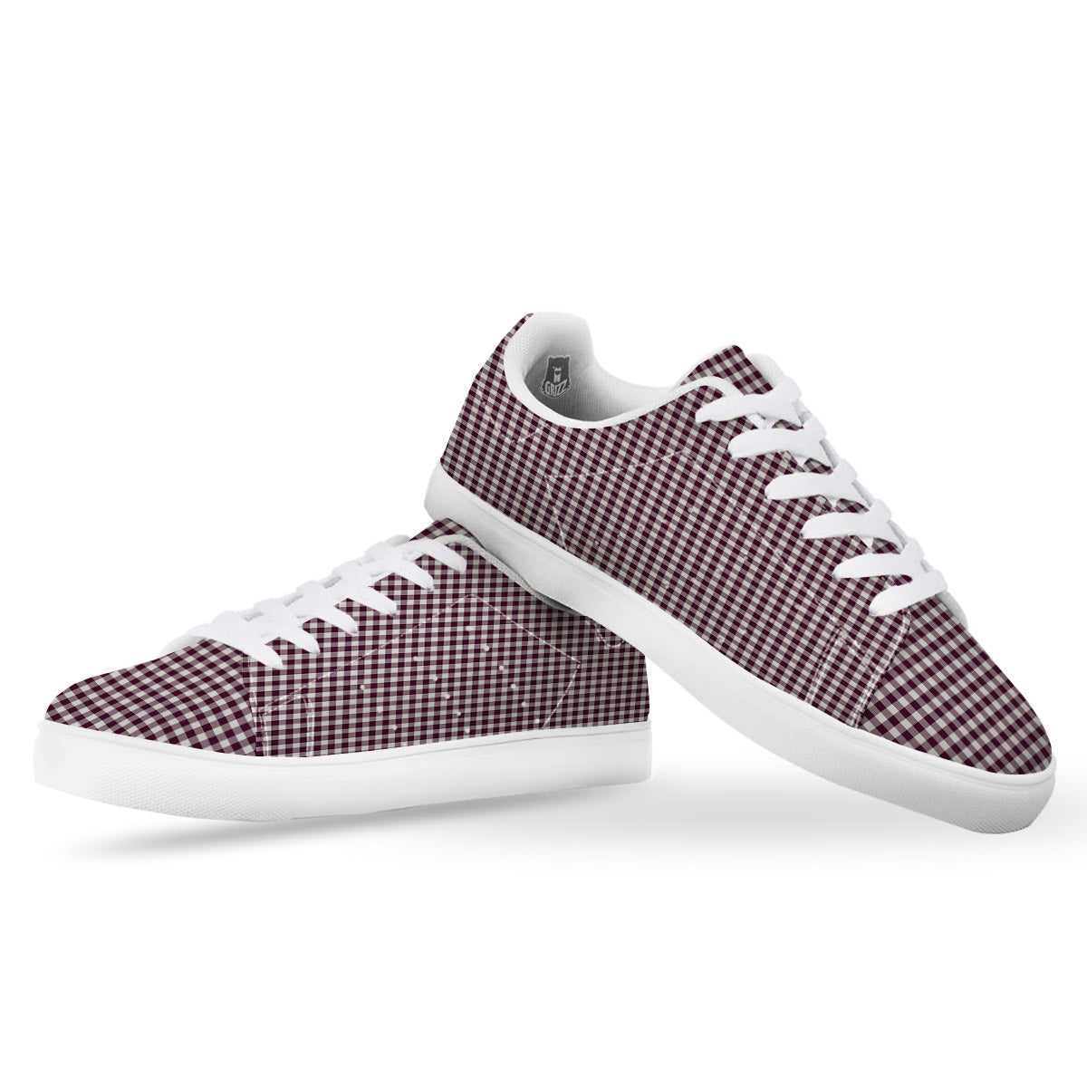 Check White And Burgundy Print Pattern White Low Top Sneakers-grizzshop
