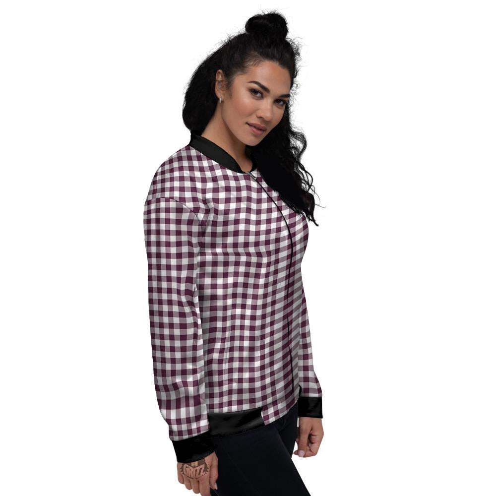Check White And Burgundy Print Pattern Women's Bomber Jacket-grizzshop
