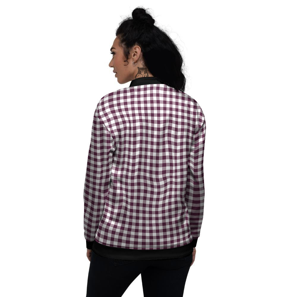 Check White And Burgundy Print Pattern Women's Bomber Jacket-grizzshop
