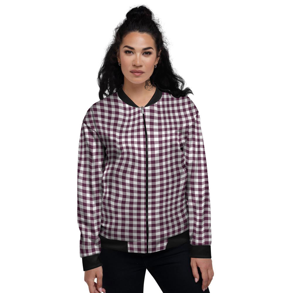 Check White And Burgundy Print Pattern Women's Bomber Jacket-grizzshop