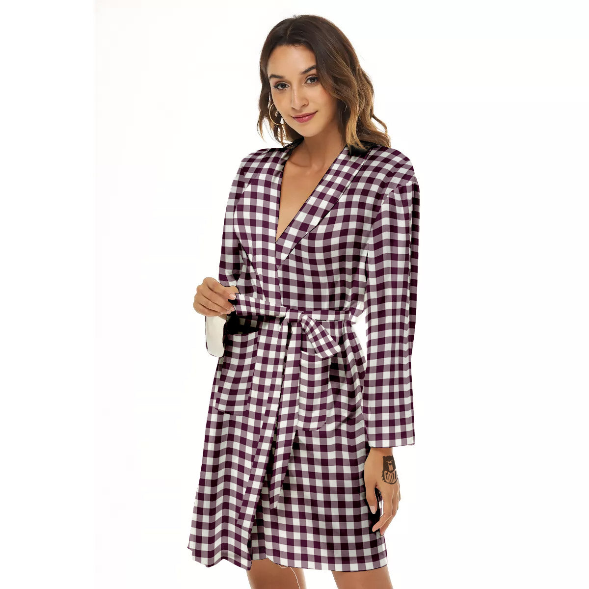 Check White And Burgundy Print Pattern Women's Robe-grizzshop