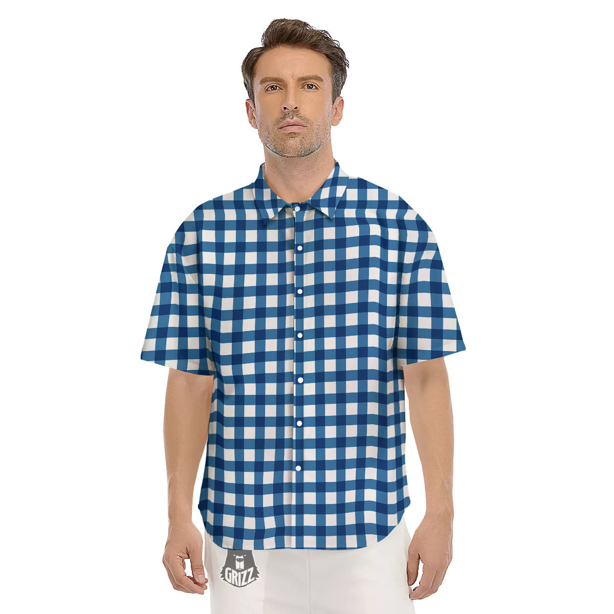 Check White And Navy Print Pattern Men's Short Sleeve Shirts-grizzshop