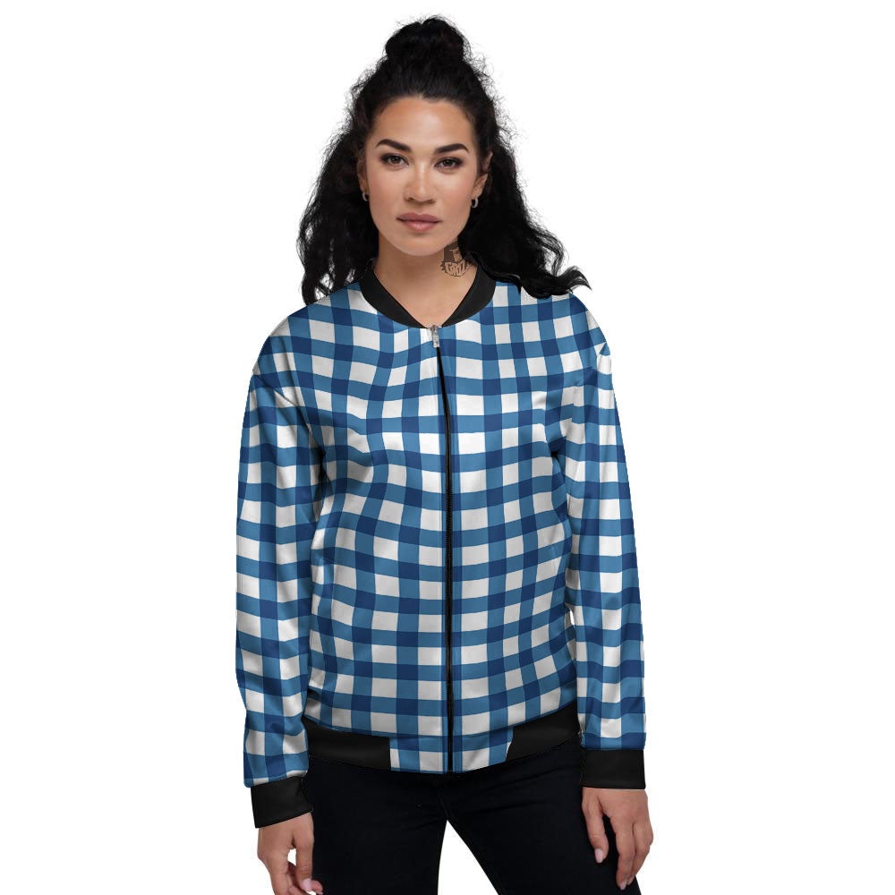 Check White And Navy Print Pattern Women's Bomber Jacket-grizzshop