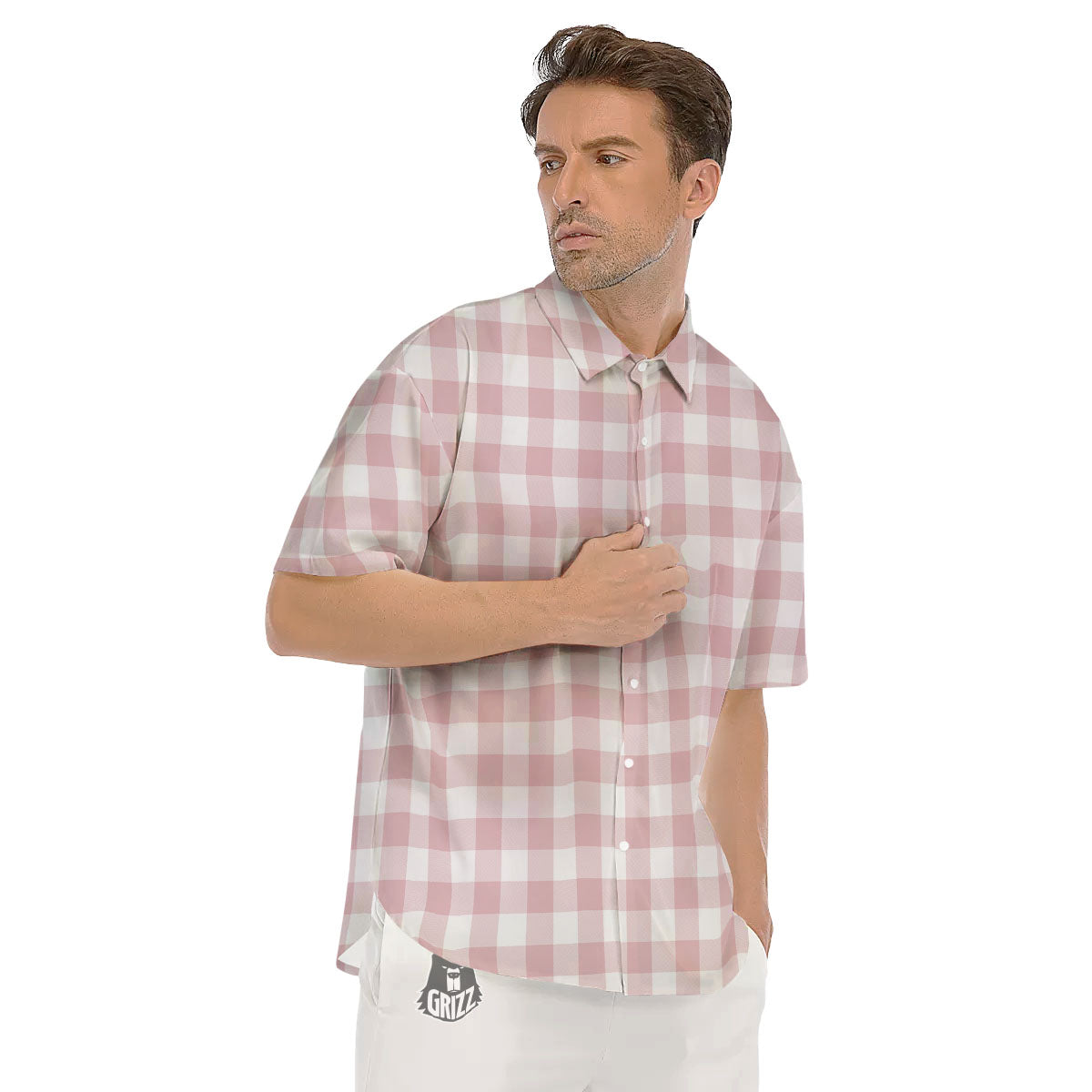 Check White And Pink Print Pattern Men's Short Sleeve Shirts-grizzshop