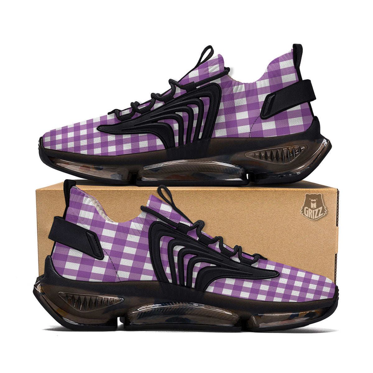 Check White And Purple Print Pattern Black Gym Shoes-grizzshop