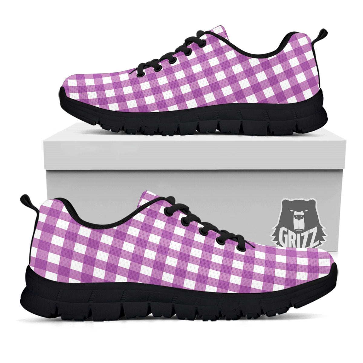 Check White And Purple Print Pattern Black Sneaker-grizzshop