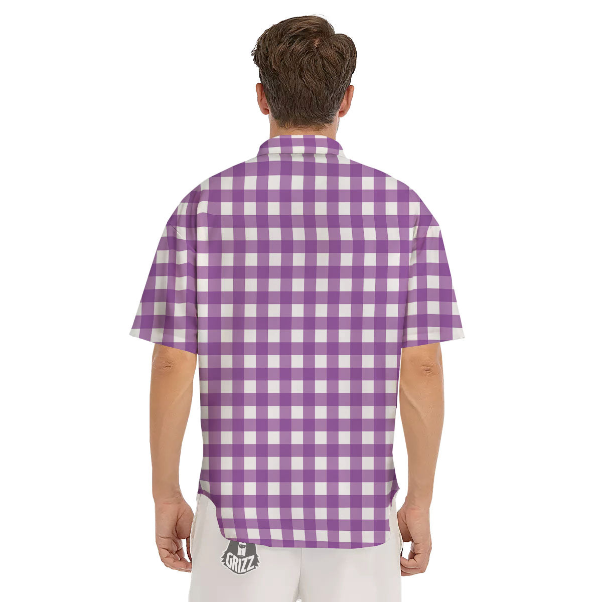 Check White And Purple Print Pattern Men's Short Sleeve Shirts-grizzshop