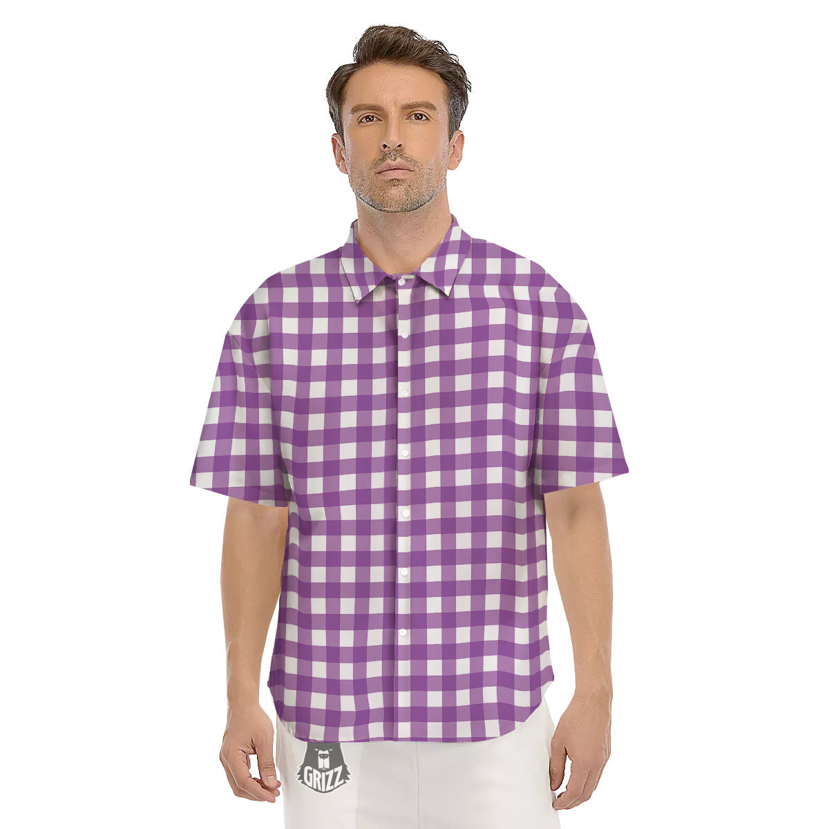 Check White And Purple Print Pattern Men's Short Sleeve Shirts-grizzshop