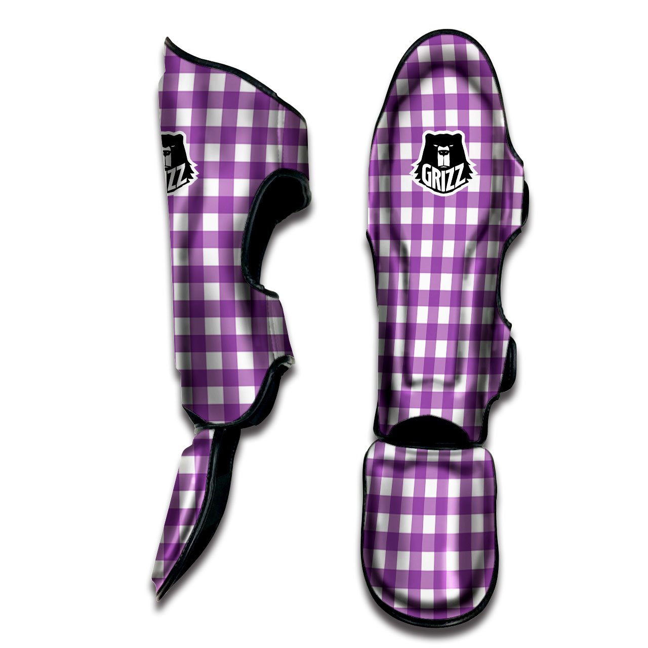 Check White And Purple Print Pattern Muay Thai Shin Guards-grizzshop