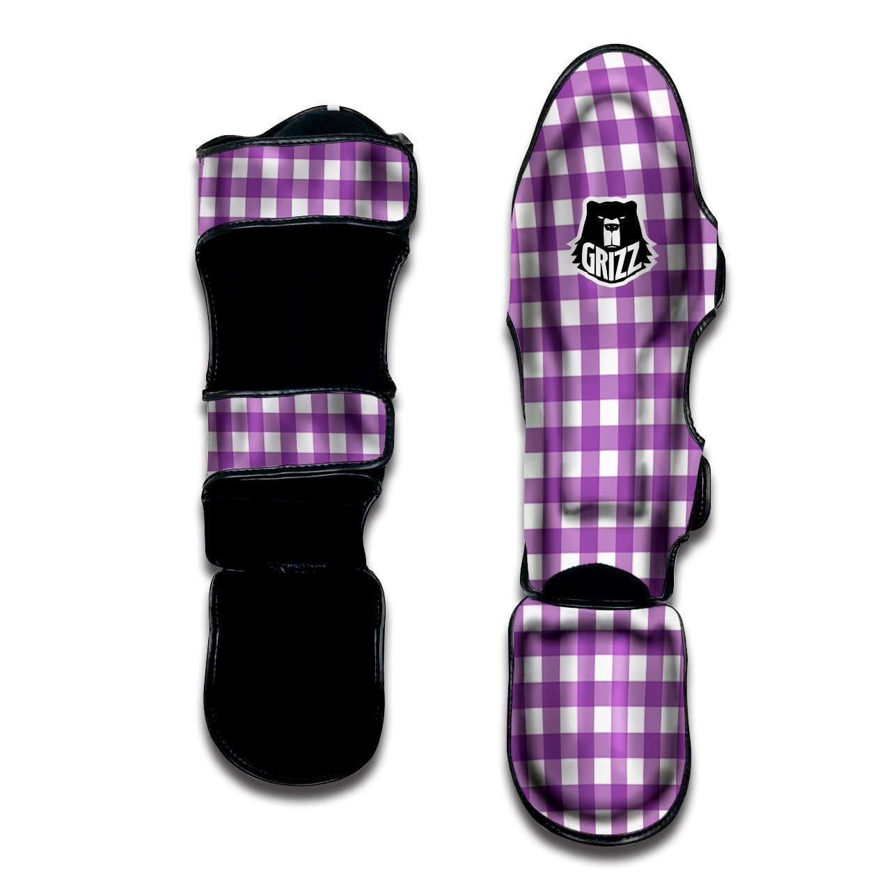 Check White And Purple Print Pattern Muay Thai Shin Guards-grizzshop