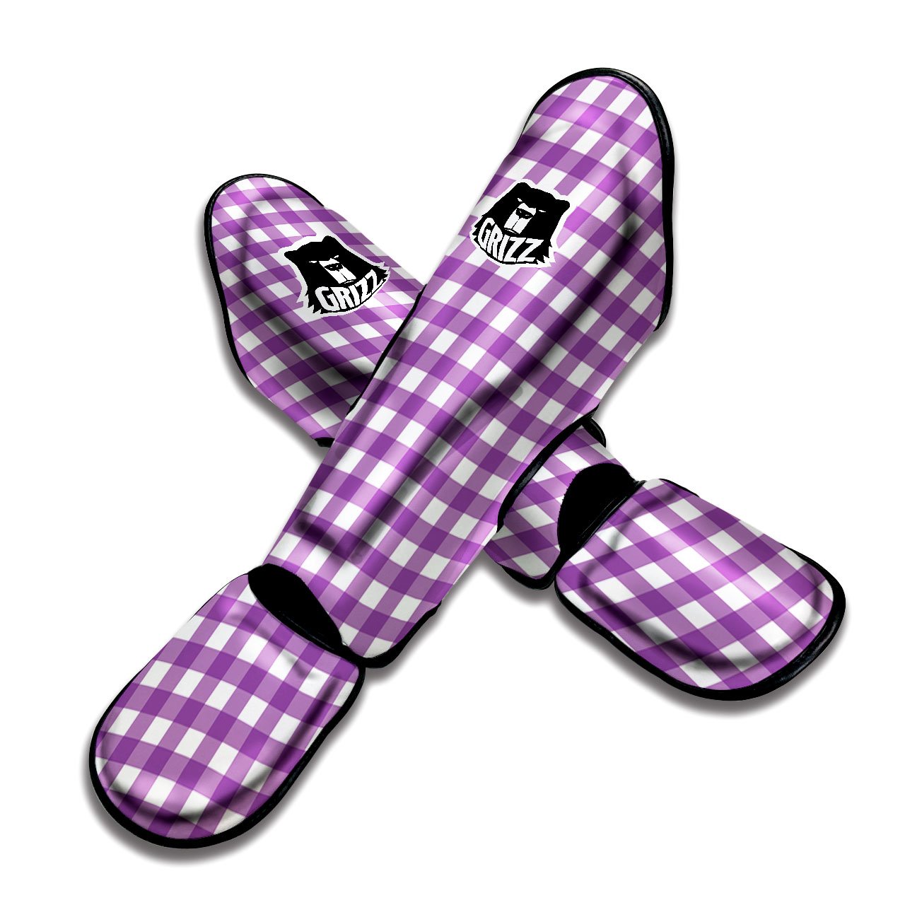 Check White And Purple Print Pattern Muay Thai Shin Guards-grizzshop