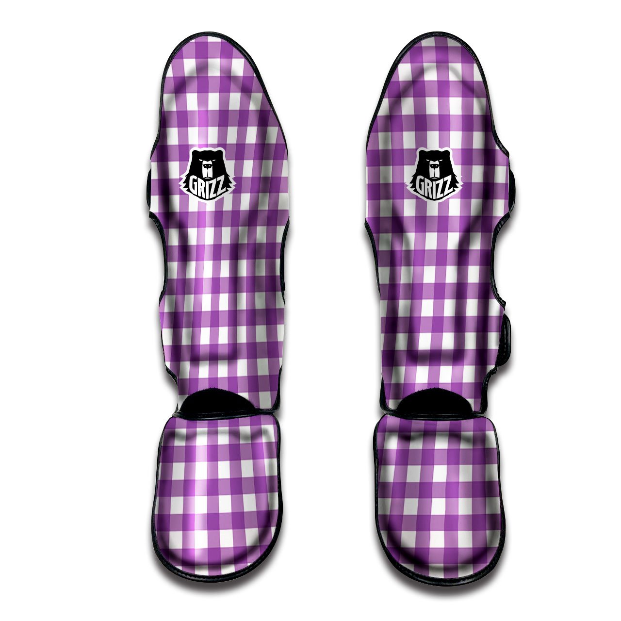 Check White And Purple Print Pattern Muay Thai Shin Guards-grizzshop