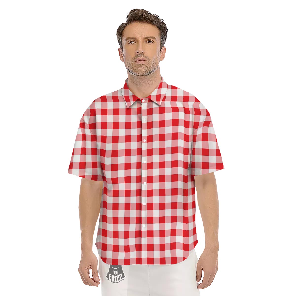 Check White And Red Print Pattern Men's Short Sleeve Shirts-grizzshop