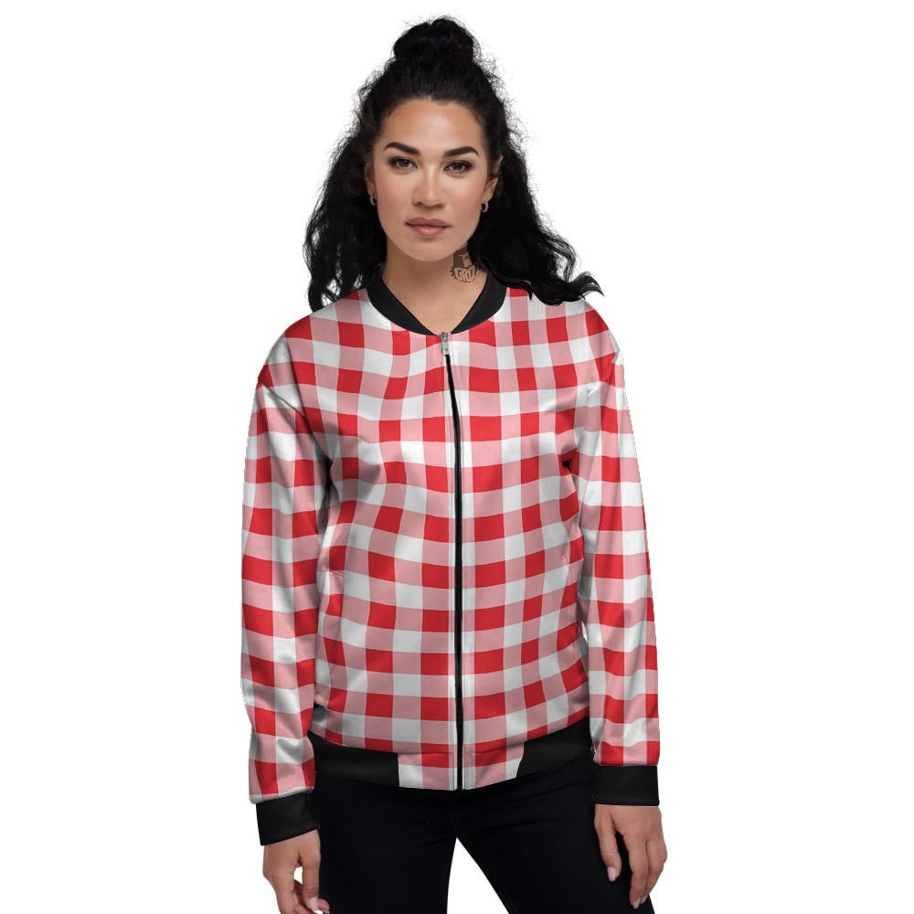 Check White And Red Print Pattern Women's Bomber Jacket-grizzshop