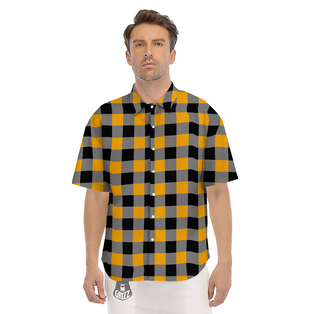 Check Yellow And Black Print Pattern Men's Short Sleeve Shirts-grizzshop